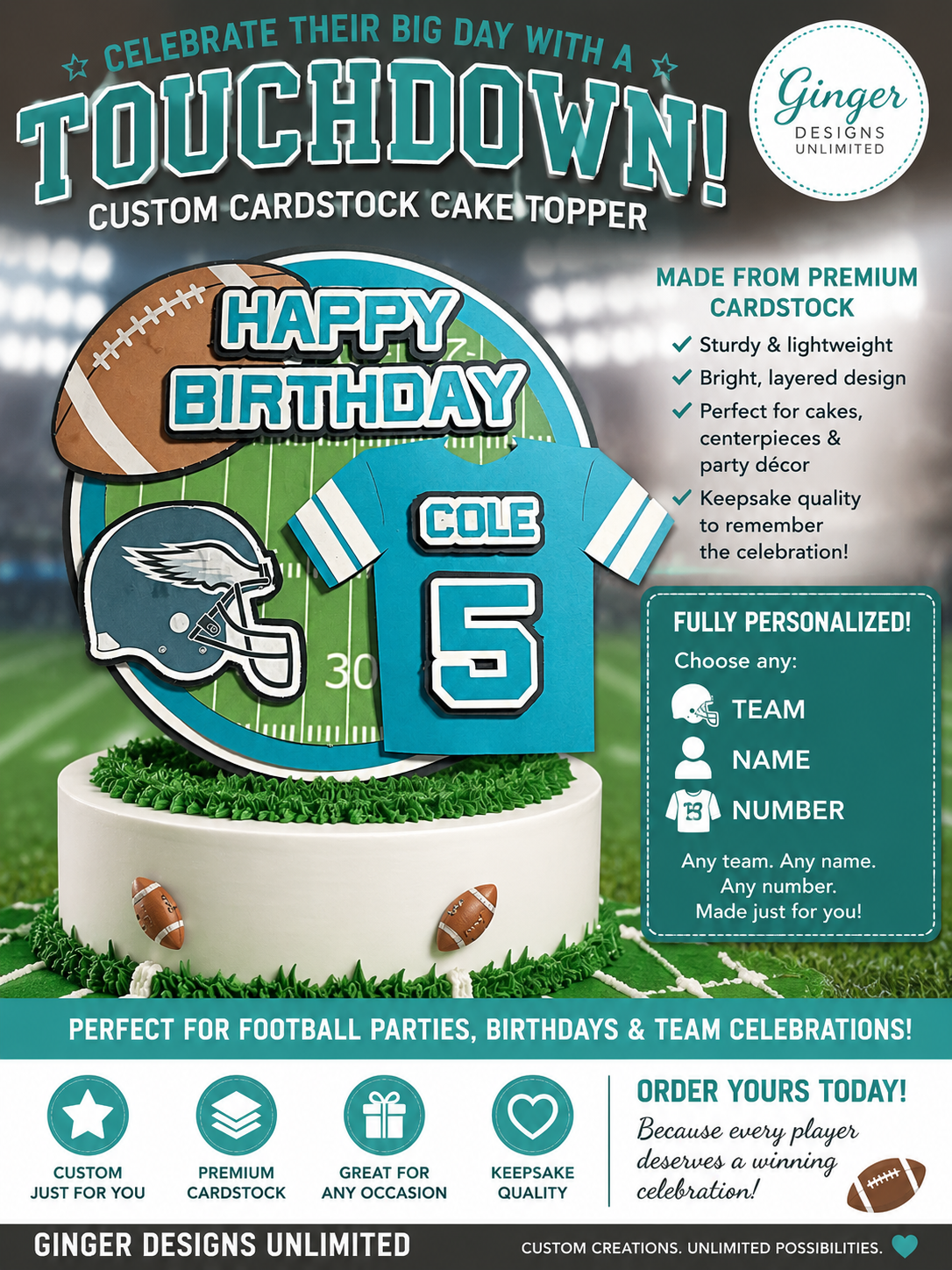 Custom Football Cake Topper | Personalized Team Cake Topper